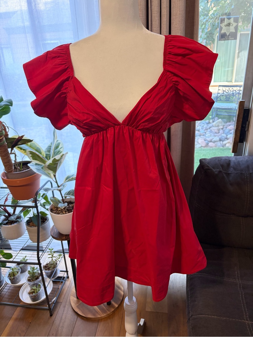 Red Puff-Sleeve V-Neck Mini Dress